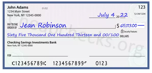 Sixty Five Thousand One Hundred Thirteen and 00/100 filled out on a check