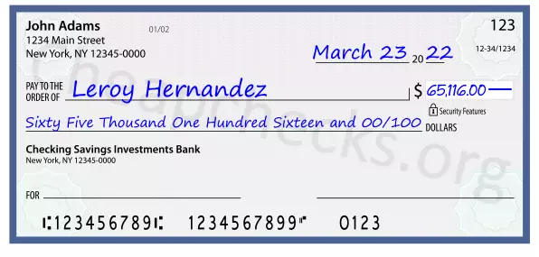 Sixty Five Thousand One Hundred Sixteen and 00/100 filled out on a check