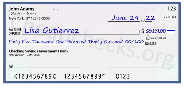 Sixty Five Thousand One Hundred Thirty One and 00/100 filled out on a check