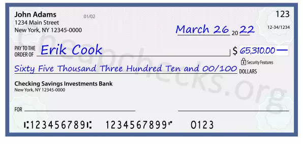 Sixty Five Thousand Three Hundred Ten and 00/100 filled out on a check