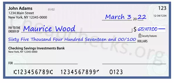 Sixty Five Thousand Four Hundred Seventeen and 00/100 filled out on a check