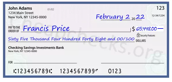 Sixty Five Thousand Four Hundred Forty Eight and 00/100 filled out on a check