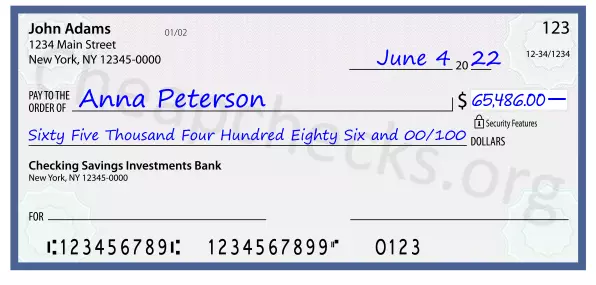 Sixty Five Thousand Four Hundred Eighty Six and 00/100 filled out on a check