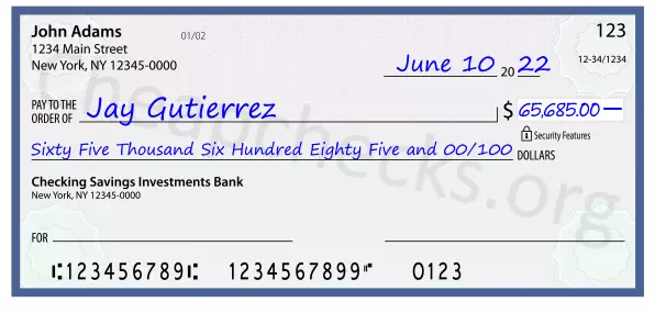 Sixty Five Thousand Six Hundred Eighty Five and 00/100 filled out on a check