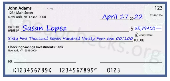 Sixty Five Thousand Seven Hundred Ninety Four and 00/100 filled out on a check