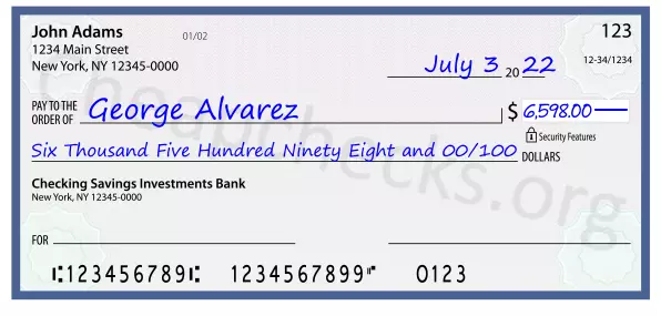 Six Thousand Five Hundred Ninety Eight and 00/100 filled out on a check