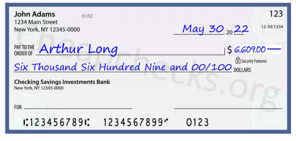 Six Thousand Six Hundred Nine and 00/100 filled out on a check