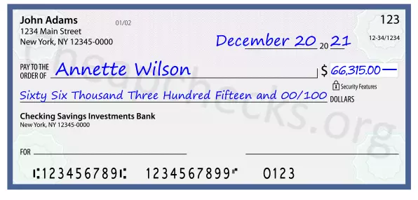 Sixty Six Thousand Three Hundred Fifteen and 00/100 filled out on a check