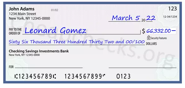 Sixty Six Thousand Three Hundred Thirty Two and 00/100 filled out on a check