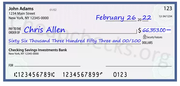 Sixty Six Thousand Three Hundred Fifty Three and 00/100 filled out on a check