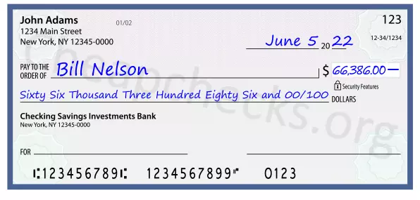 Sixty Six Thousand Three Hundred Eighty Six and 00/100 filled out on a check