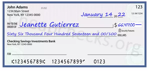 Sixty Six Thousand Four Hundred Seventeen and 00/100 filled out on a check