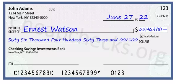 Sixty Six Thousand Four Hundred Sixty Three and 00/100 filled out on a check