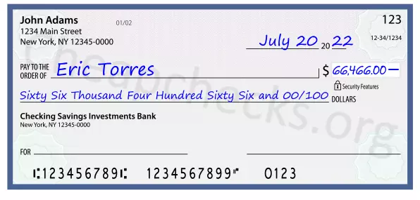 Sixty Six Thousand Four Hundred Sixty Six and 00/100 filled out on a check