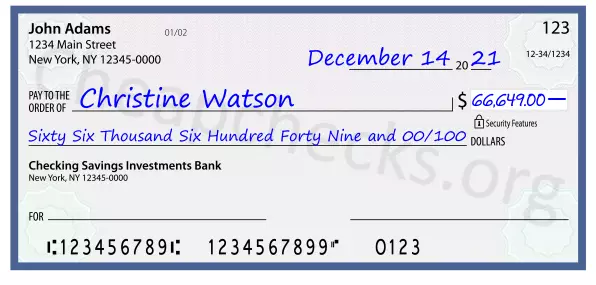 Sixty Six Thousand Six Hundred Forty Nine and 00/100 filled out on a check