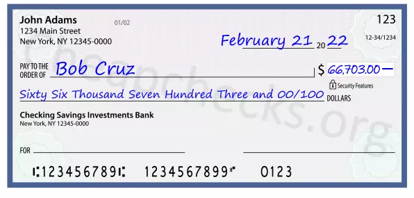 Sixty Six Thousand Seven Hundred Three and 00/100 filled out on a check