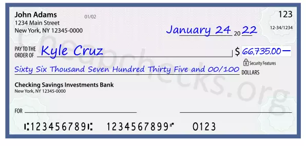 Sixty Six Thousand Seven Hundred Thirty Five and 00/100 filled out on a check