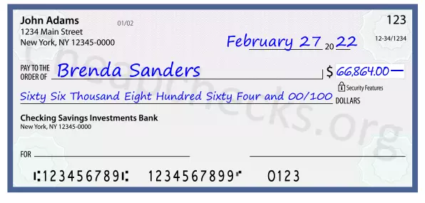 Sixty Six Thousand Eight Hundred Sixty Four and 00/100 filled out on a check