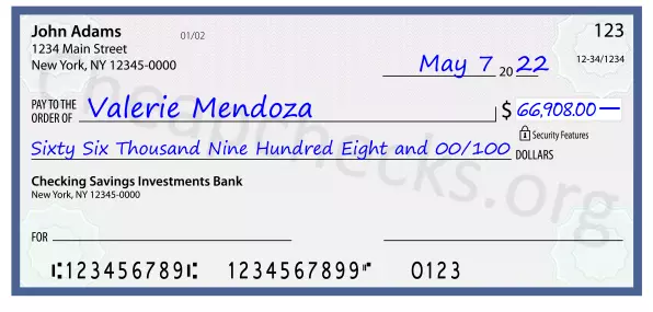 Sixty Six Thousand Nine Hundred Eight and 00/100 filled out on a check