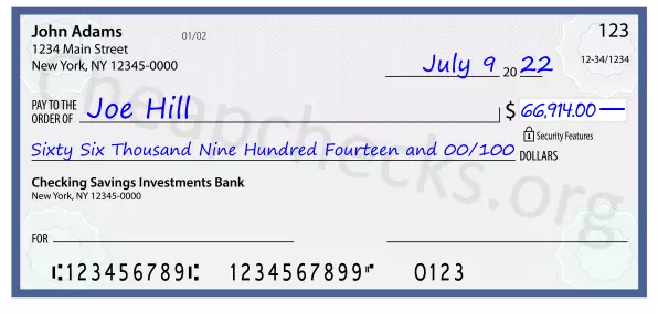 Sixty Six Thousand Nine Hundred Fourteen and 00/100 filled out on a check