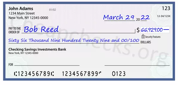 Sixty Six Thousand Nine Hundred Twenty Nine and 00/100 filled out on a check