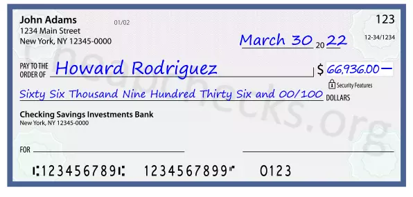 Sixty Six Thousand Nine Hundred Thirty Six and 00/100 filled out on a check