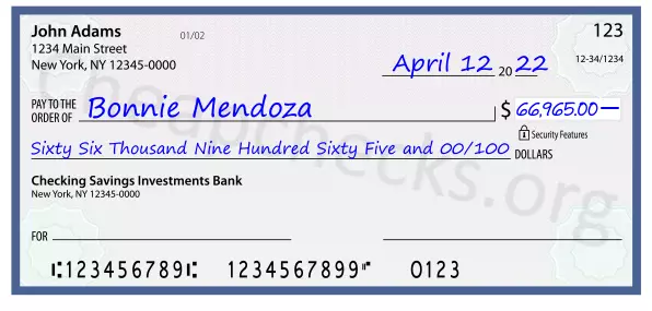 Sixty Six Thousand Nine Hundred Sixty Five and 00/100 filled out on a check