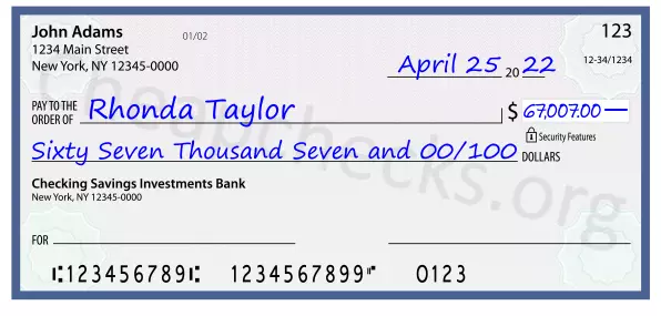 Sixty Seven Thousand Seven and 00/100 filled out on a check