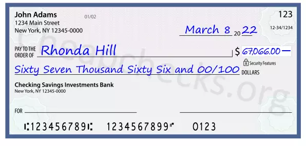 Sixty Seven Thousand Sixty Six and 00/100 filled out on a check