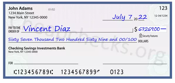 Sixty Seven Thousand Two Hundred Sixty Nine and 00/100 filled out on a check