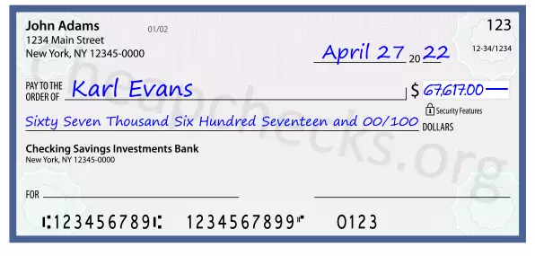 Sixty Seven Thousand Six Hundred Seventeen and 00/100 filled out on a check