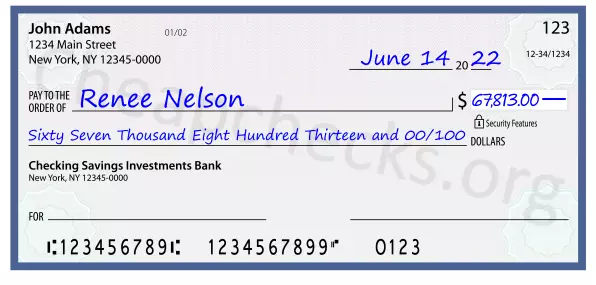 Sixty Seven Thousand Eight Hundred Thirteen and 00/100 filled out on a check