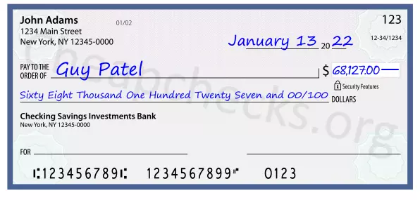 Sixty Eight Thousand One Hundred Twenty Seven and 00/100 filled out on a check