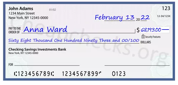 Sixty Eight Thousand One Hundred Ninety Three and 00/100 filled out on a check