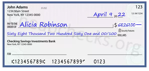 Sixty Eight Thousand Two Hundred Sixty One and 00/100 filled out on a check