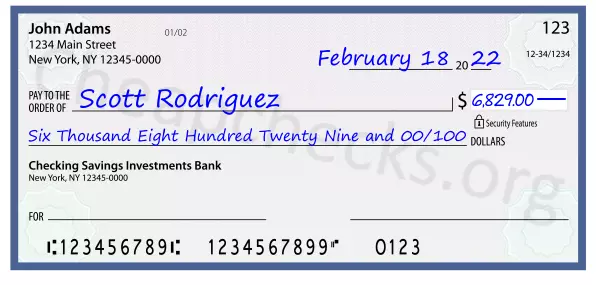 Six Thousand Eight Hundred Twenty Nine and 00/100 filled out on a check