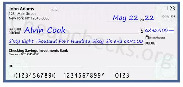 Sixty Eight Thousand Four Hundred Sixty Six and 00/100 filled out on a check