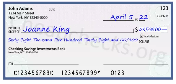 Sixty Eight Thousand Five Hundred Thirty Eight and 00/100 filled out on a check