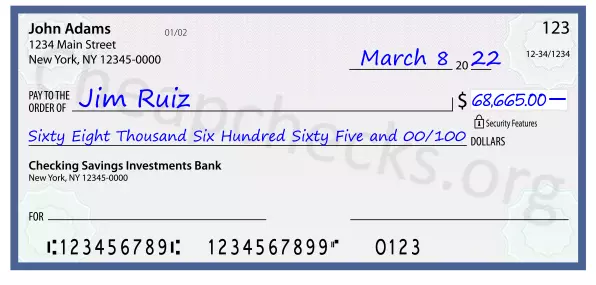 Sixty Eight Thousand Six Hundred Sixty Five and 00/100 filled out on a check