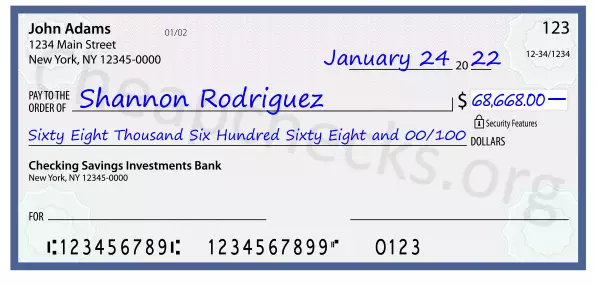 Sixty Eight Thousand Six Hundred Sixty Eight and 00/100 filled out on a check