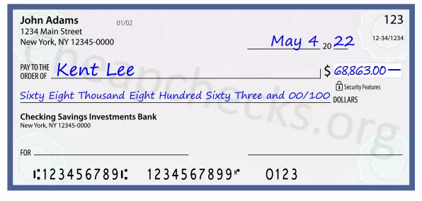 Sixty Eight Thousand Eight Hundred Sixty Three and 00/100 filled out on a check