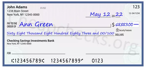 Sixty Eight Thousand Eight Hundred Eighty Three and 00/100 filled out on a check