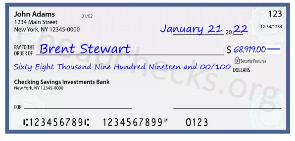 Sixty Eight Thousand Nine Hundred Nineteen and 00/100 filled out on a check