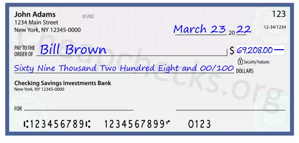 Sixty Nine Thousand Two Hundred Eight and 00/100 filled out on a check