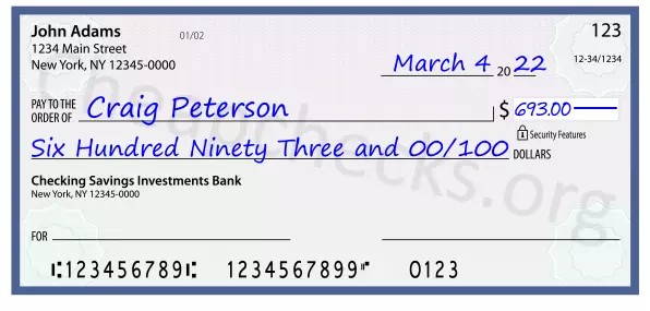 Six Hundred Ninety Three and 00/100 filled out on a check