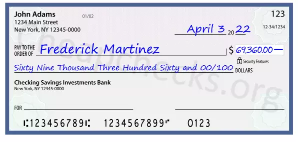 Sixty Nine Thousand Three Hundred Sixty and 00/100 filled out on a check