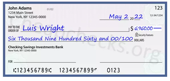 Six Thousand Nine Hundred Sixty and 00/100 filled out on a check