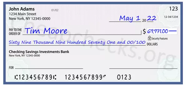 Sixty Nine Thousand Nine Hundred Seventy One and 00/100 filled out on a check