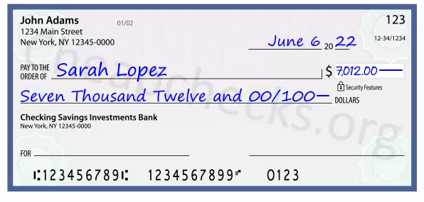 Seven Thousand Twelve and 00/100 filled out on a check