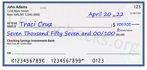 Seven Thousand Fifty Seven and 00/100 filled out on a check